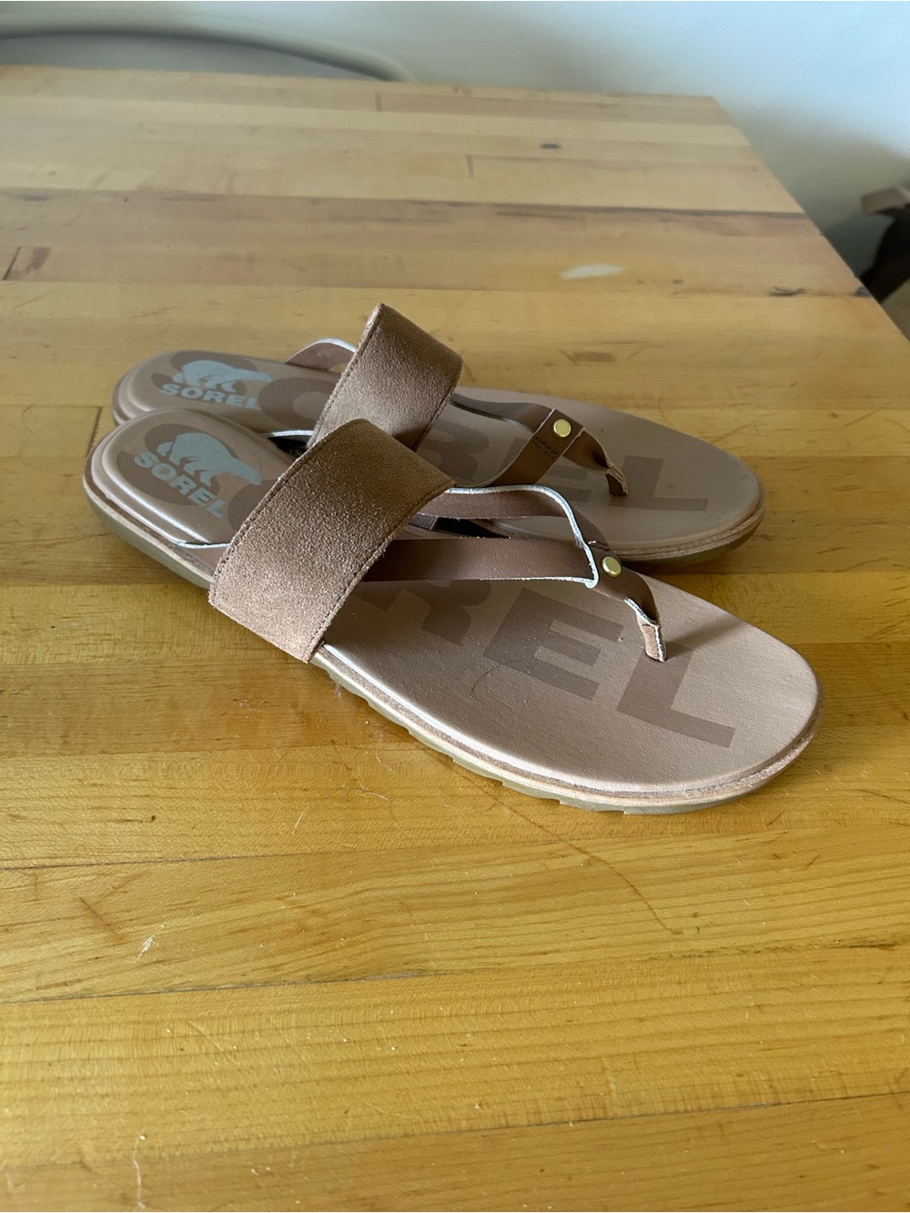 Sorel Tan Suede-Trim Toe-Post Sandals